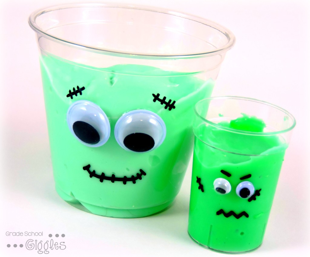 Slime, goo, GAK, silly-putty….Whatever you call it, goo is fun! These “Franken-Slime” cups are a great project to do with the kids. Writing freebies and ideas for cross-curricular integration make it easy to tie this fun Halloween themed activity into your academic standards too! This recipe calls for glue, liquid starch, and food coloring. But, the project works with other slime recipes too.