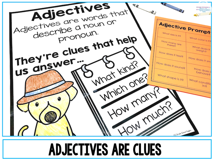 Introducing your lesson with an exciting hook activity is a great way to get your students engaged in learning. Grammar tends to be a dry topic, but teaching about the parts of speech can be fun. These hook activities for teaching adjectives to first, second, or third-grade students are fun! Plus, the printable definition poster, list of adjectives prompts, cute anchor charts, and matching student worksheets are all FREE!  Check out the post and download the free adjective printables.