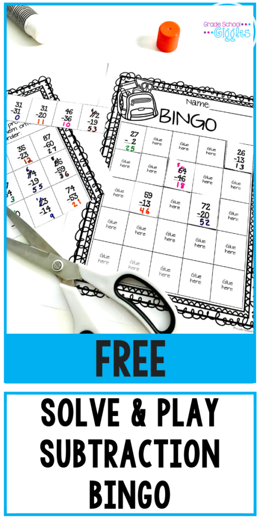 About 2nd grade, when kids get to double-digit subtraction with regrouping, their math gets more challenging. Sometimes kids need extra motivation in math, especially if they still need to develop fluency with their facts or with borrowing. That's why games, like solve and play bingo, are such great activities. In order for kids to play the game, they have to finish the worksheet and glue the problems onto their bingo cards. Check out the free printable bingo game. #Subtraction #2ndGrade #Math