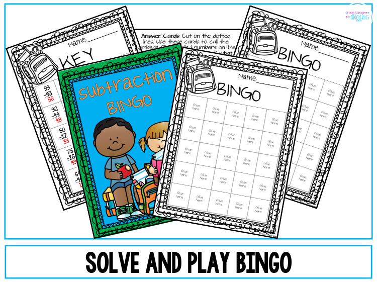 About 2nd grade, when kids get to double-digit subtraction with regrouping, their math gets more challenging. Sometimes kids need extra motivation in math, especially if they still need to develop fluency with their facts or with borrowing. That's why games, like solve and play bingo, are such great activities. In order for kids to play the game, they have to finish the worksheet and glue the problems onto their bingo cards. Check out the free printable bingo game. #Subtraction #2ndGrade #Math