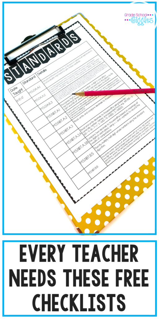 Checklists help with classroom management and organization. That's why every teacher needs these 7 free printable checklists. Whether it's your first year teaching or your tenth, checklists are a tool that makes it easy to track things like the standards you've covered, the prep you'll need to do as you write your lesson plans, important daily and weekly to-do lists, which kids have completed individual assessments or mastered specific learning goals. Get the template and make organizing easy.