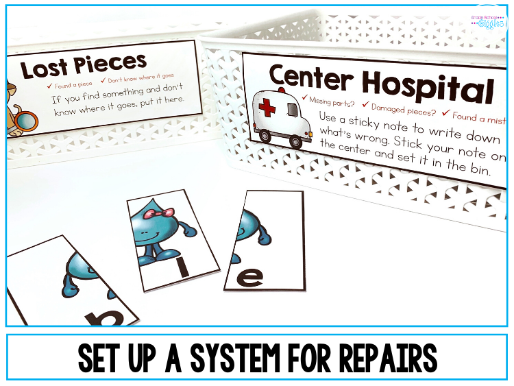 Do you use work stations in your classroom? If so, you can save yourself some time with classroom organization that includes a system for center storage. Get tips for organizing your learning activities and ideas for storage methods. Plus, find out how teachers can set up a management system for damaged or missing pieces and get free labels for a lost parts bin and hospital for damaged #centers. #ClassroomOrganization #CentersOrganization #ClassroomStorageIdeas #ClassroomSetup