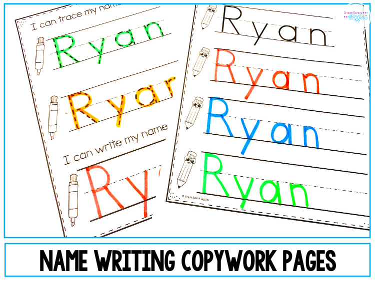 Name writing practice is important for kids in kindergarten. Creating handwriting worksheets for each student in their classroom is a lot of work for teachers. This editable pack of printable sheets makes it easy. Simply enter your classroom roster & 14 different practice pages will automatically populate for all the children in your class. Kids will love the fun activities including tracing, writing, painting with watercolors, and other awesome fine motor activities. #NameWriting #Kindergarten