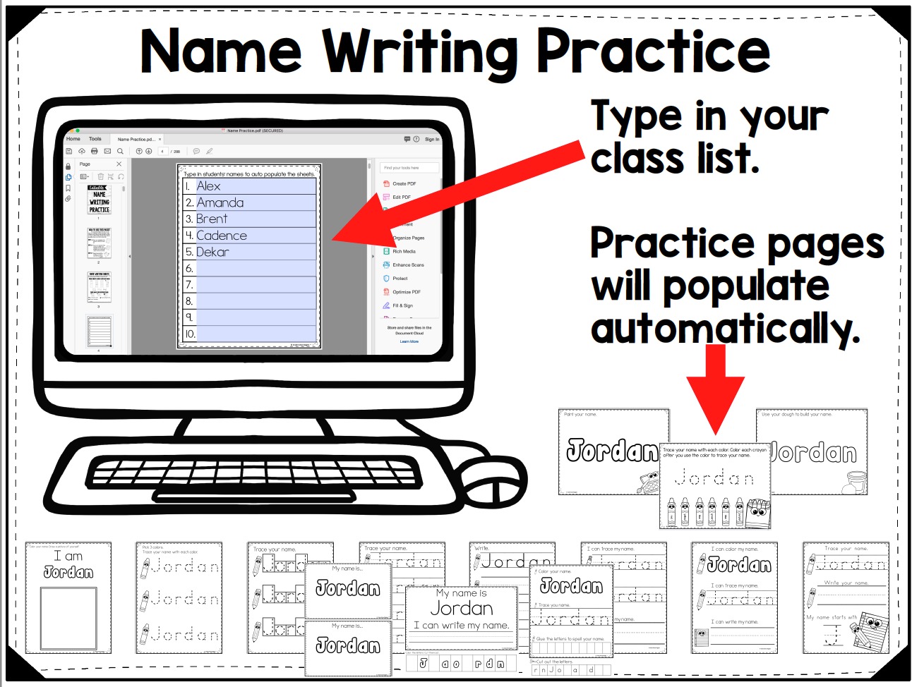 Name writing practice is important for kids in kindergarten. Creating handwriting worksheets for each student in their classroom is a lot of work for teachers. This editable pack of printable sheets makes it easy. Simply enter your classroom roster & 14 different practice pages will automatically populate for all the children in your class. Kids will love the fun activities including tracing, writing, painting with watercolors, and other awesome fine motor activities. #NameWriting #Kindergarten