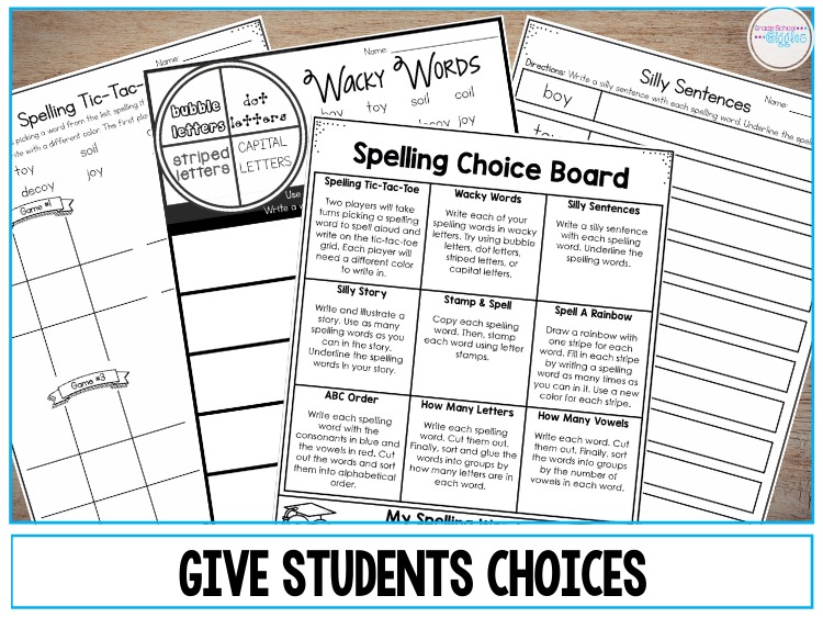 Give students choices about which spelling activities they complete with a spelling choice board