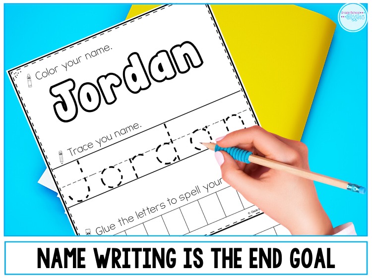 Name writing is the end goal - picture of a student using a personalized name writing practice worksheet with the name Jordan on it in bubble letters to color, dashed lines for tracing, and mixed up letters to cut out and glue