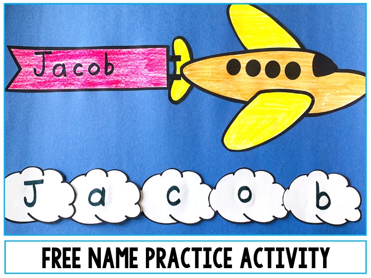 Free name practice activity - a airplane flying a banner with Jacob written on it and Jacob spelled out with letters on clouds below the airplane