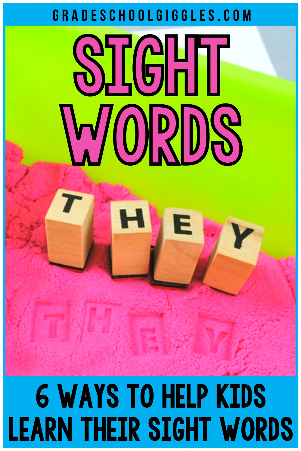 6 Ways to help kids learn their sight words - Picture of stamping sight words in kinetic sand
