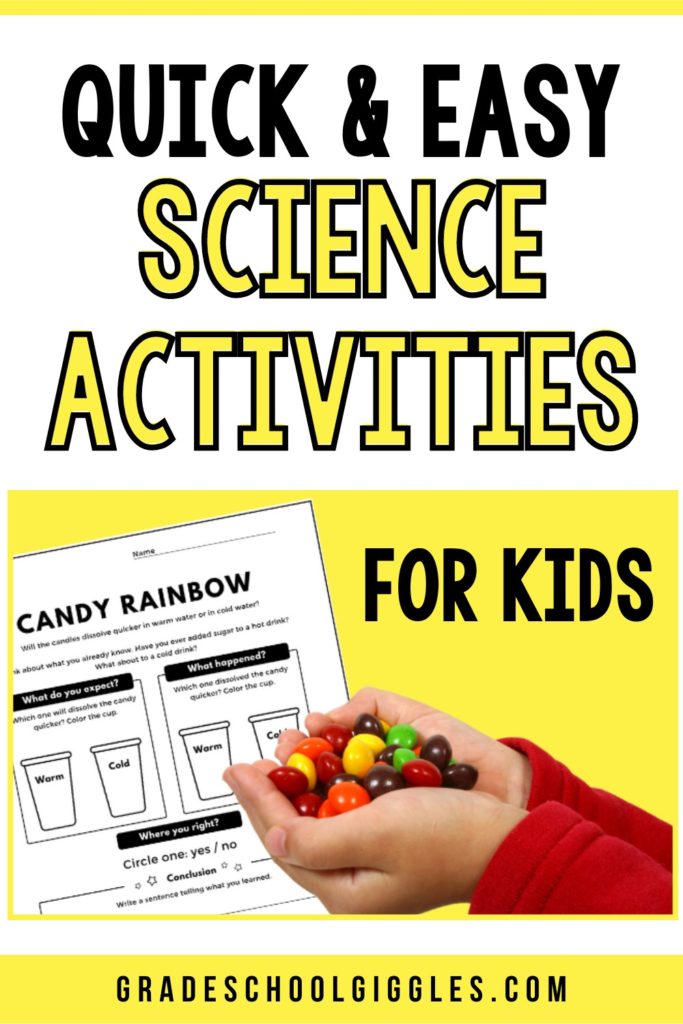 Quick and easy science activities for kids pinnable image of a worksheet and a child holding candy