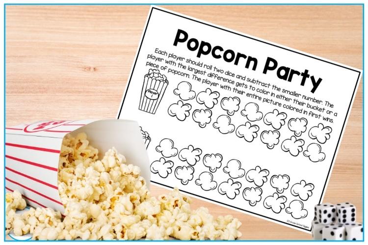 Free Popcorn Party Math Game - Addition, Subtraction, & Multiplication