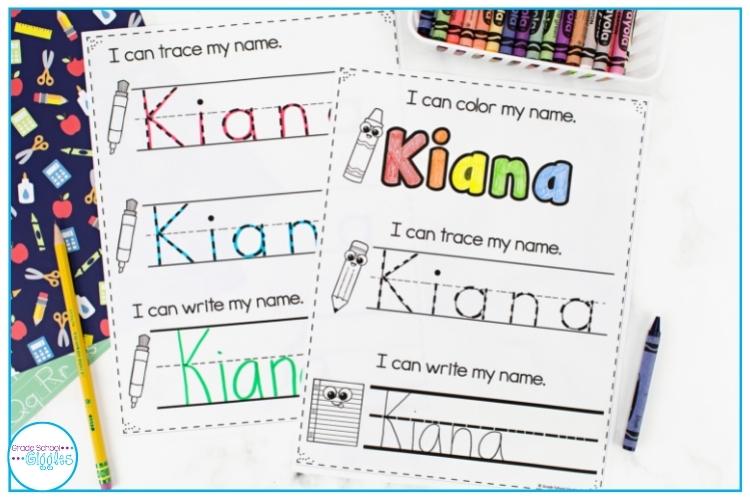 Name tracing and name writing practice worksheets for a student named Kiana