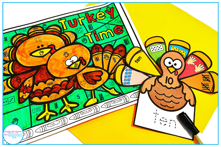 Free Thanksgiving math activities for number recognition including a color-by-number worksheet and a build-a-turkey math center