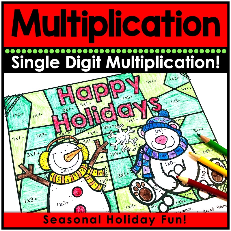 Single-digit holiday multiplication worksheets for Christmas