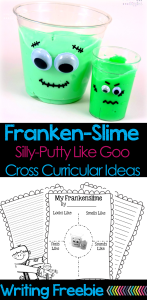Slime, goo, GAK, silly-putty….Whatever you call it, goo is fun! These “Franken-Slime” cups are a great project to do with the kids. Writing freebies and ideas for cross-curricular integration make it easy to tie this fun Halloween themed activity into your academic standards too! This recipe calls for glue, liquid starch, and food coloring. But, the project works with other slime recipes too.