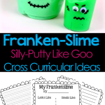 Slime, goo, GAK, silly-putty….Whatever you call it, goo is fun! These “Franken-Slime” cups are a great project to do with the kids. Writing freebies and ideas for cross-curricular integration make it easy to tie this fun Halloween themed activity into your academic standards too! This recipe calls for glue, liquid starch, and food coloring. But, the project works with other slime recipes too.