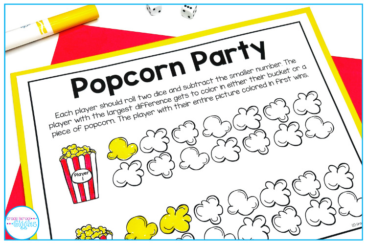 Free Popcorn Party Dice Math Game - Addition, Subtraction, Or Multiplication