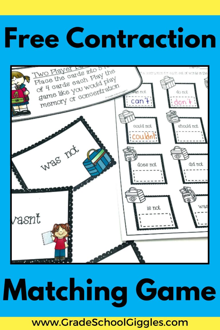 Free Back to School Contraction Matching Game