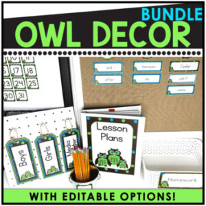 Printable Class Decor Bundle Elementary Classroom Set Up: Blue & Green Owl Theme