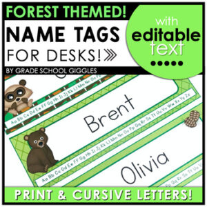 Small Editable Name Tags & Badges, Printable Nameplate, Cubby Name Badge: Forest