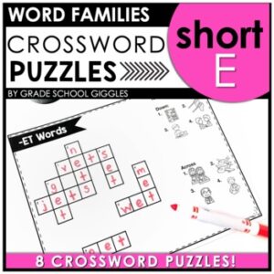 First Grade Reading Crossword Puzzles, Short E Back To School Phonics Worksheets